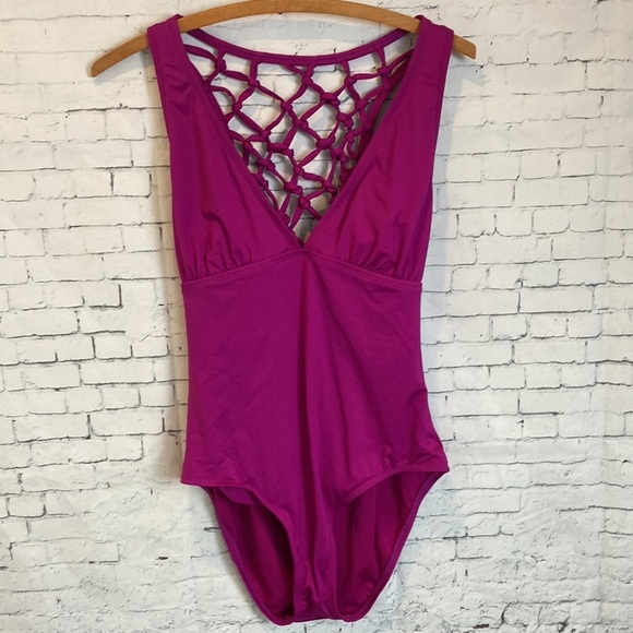 Jantzen One-piece Swimsuit Fishnet Lattice Cage Back Design Plunge V-neck Sz 12 - Picture 6 of 16